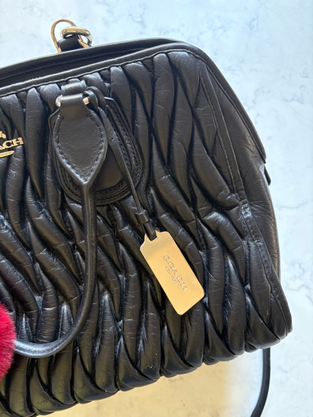 Coach Black Quilted Leather Shoulder Bag with Red Pom Pom Charm - Picture 10 of 12